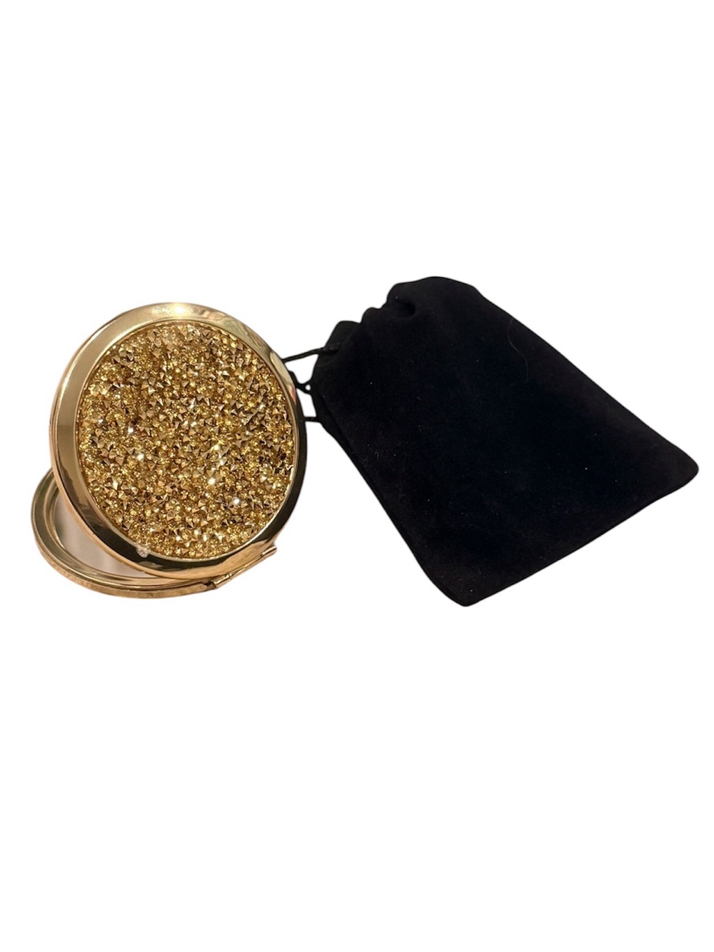 Gold Crystal Encrusted Double Sided Compact Mirror w/ Velvet Pouch